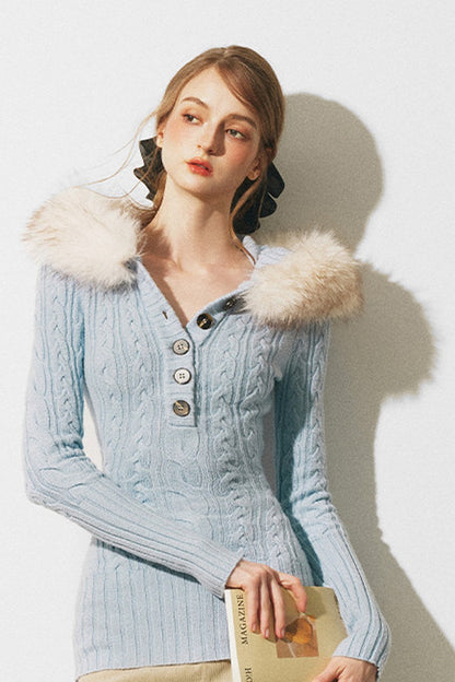 Zopfstrickpullover mit Pelzbesatz