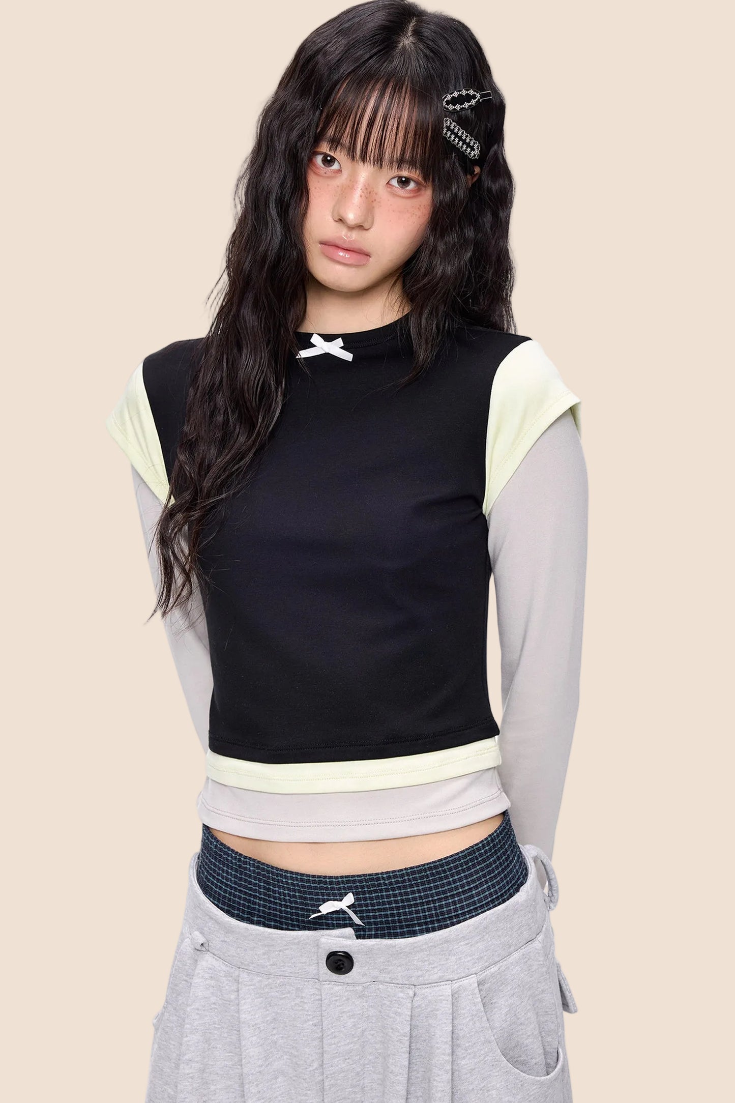 Color-Blocked Bow Long-Sleeve T-shirt