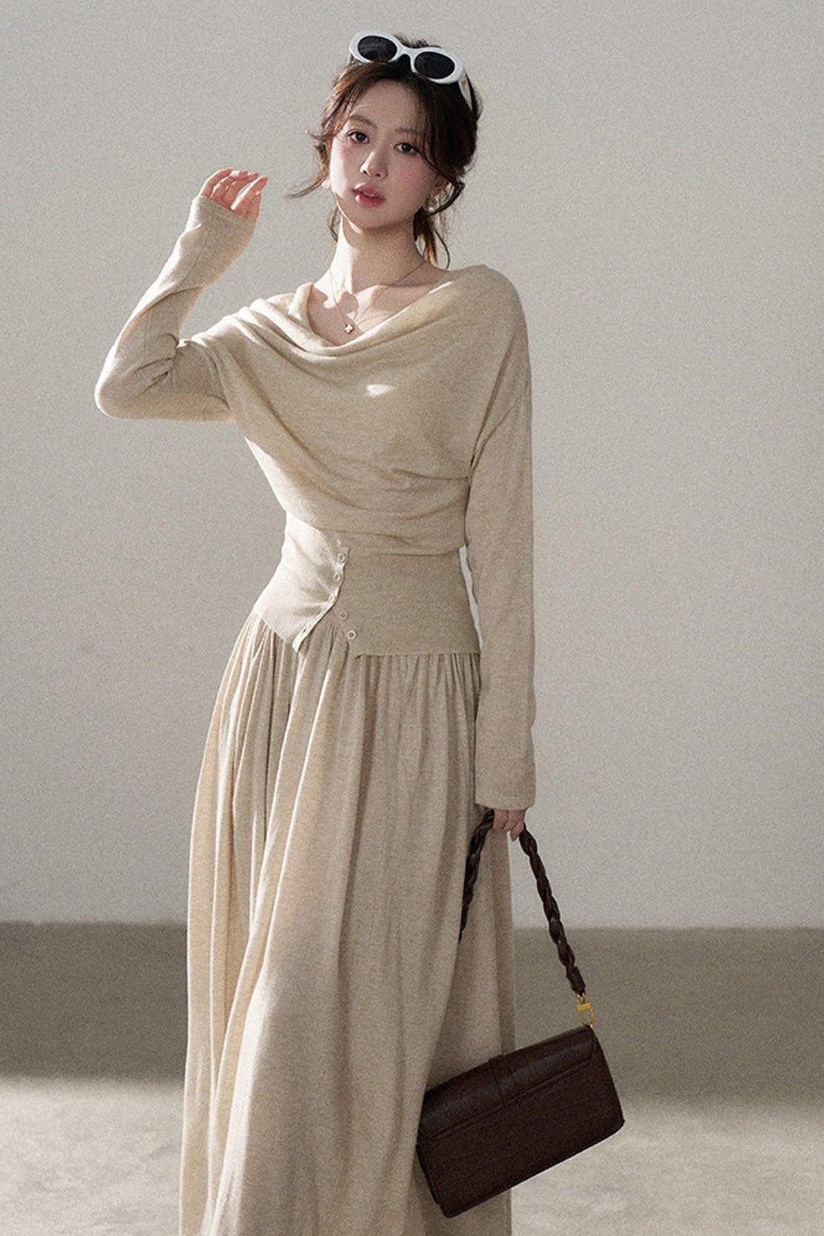 Three-Way Drape Collar Knit Shawl and Skirt Set