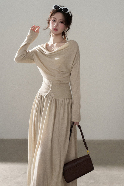 Three-Way Drape Collar Knit Shawl and Skirt Set