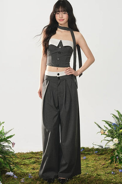 Color-Block Off-Shoulder Top Wide-Leg Pants Set