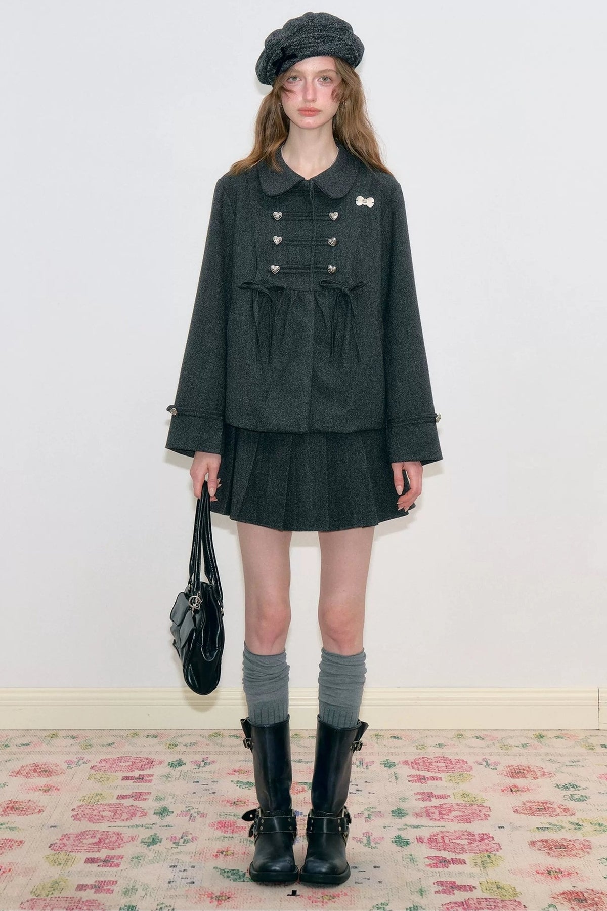 High-Waisted Double-Breasted Pleated Skirt