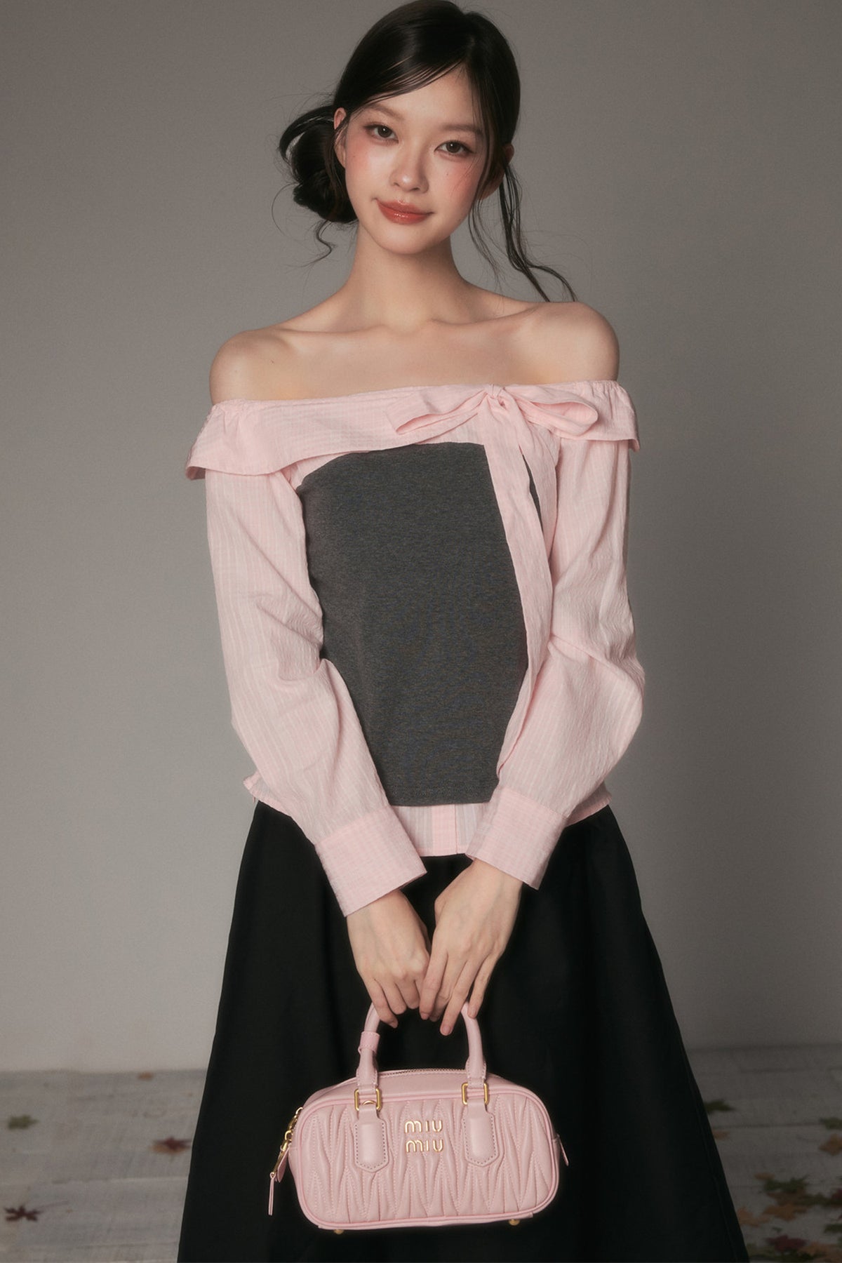 One-Shoulder Bow Spliced Long-Sleeve T-Shirt
