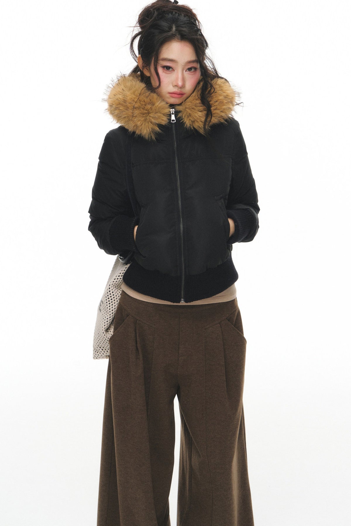 Lightweight Hooded Fur Collar Down Jacket and Pants Set-Up