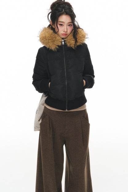 Lightweight Hooded Fur Collar Down Jacket and Pants Set-Up