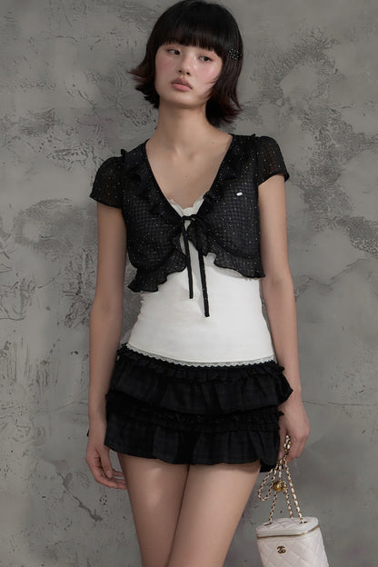 Polka Dot Mesh Ruffle Flutter Cover-Up Set-Up