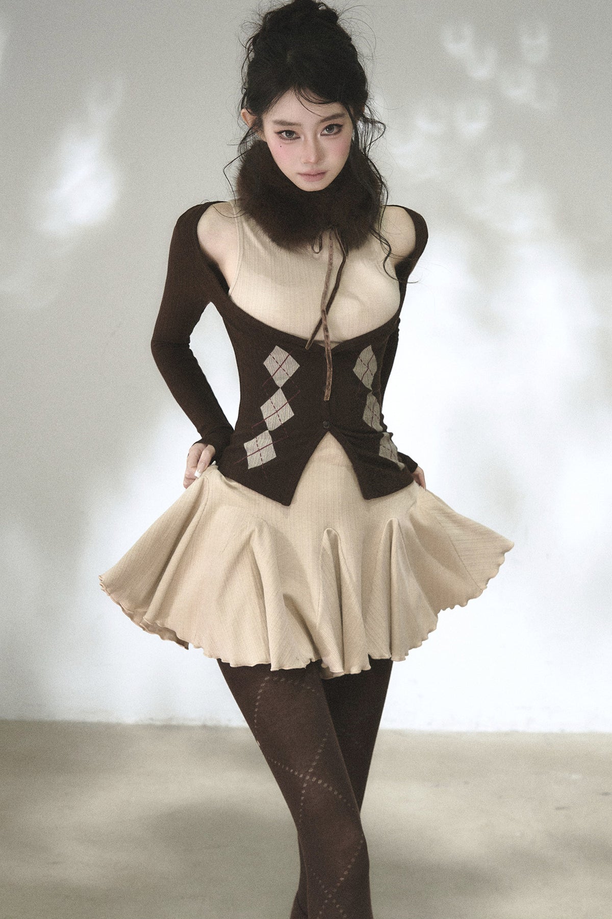 Vertical Striped Diamond Knit Cardigan and Ruffled Dress Set-Up