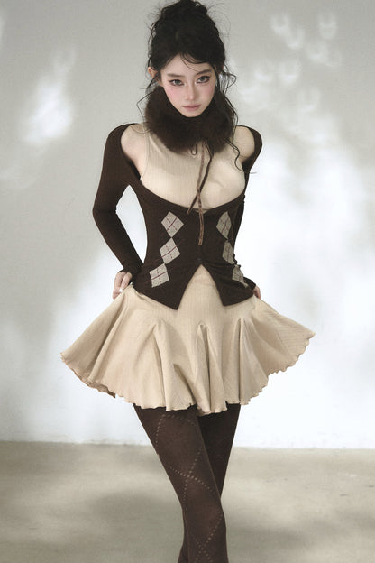 Vertical Striped Diamond Knit Cardigan and Ruffled Dress Set-Up