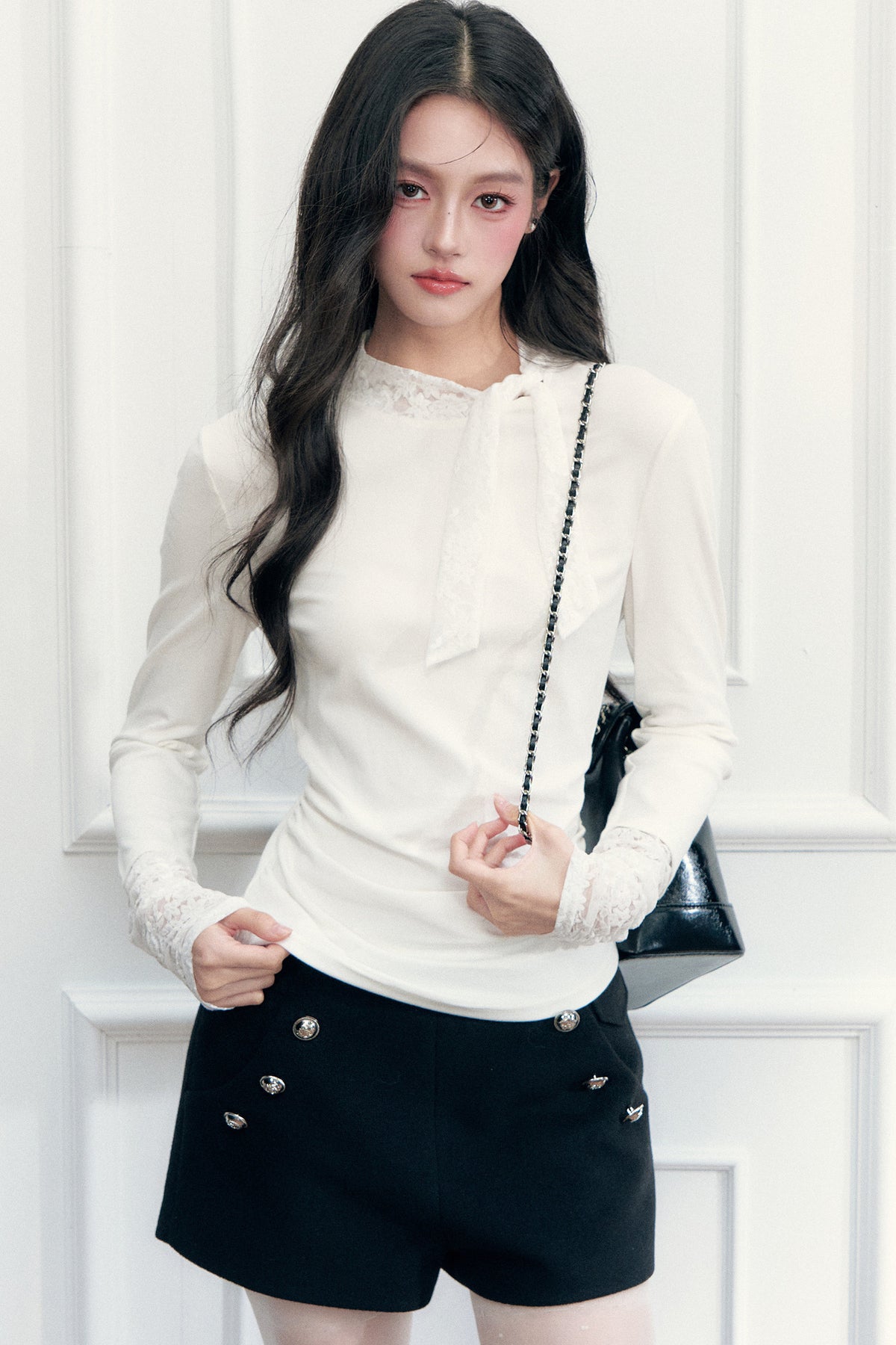 Lace-Up Ruched Long Sleeve T-Shirt