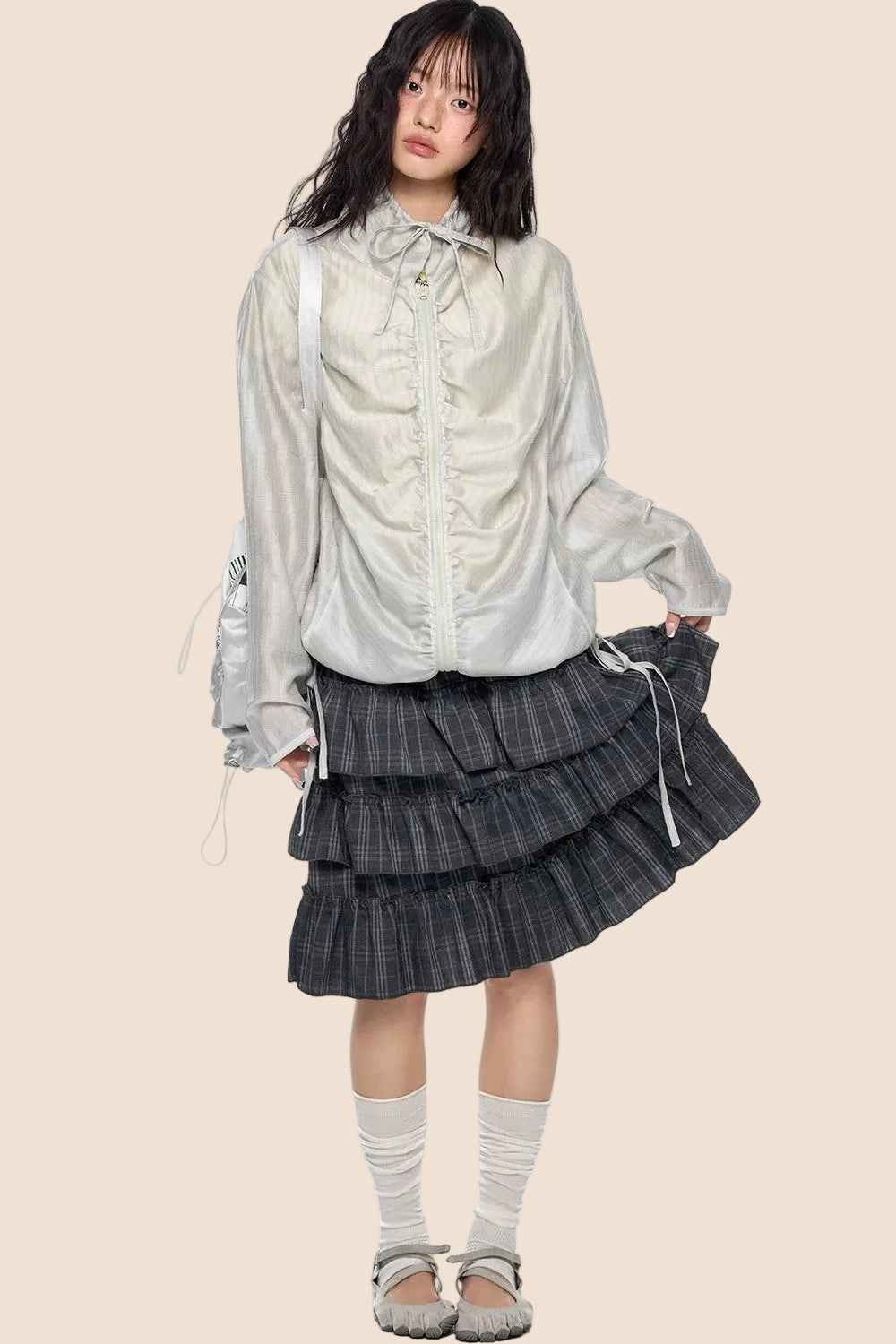 Smocked Lace-Up Plaid Blouse