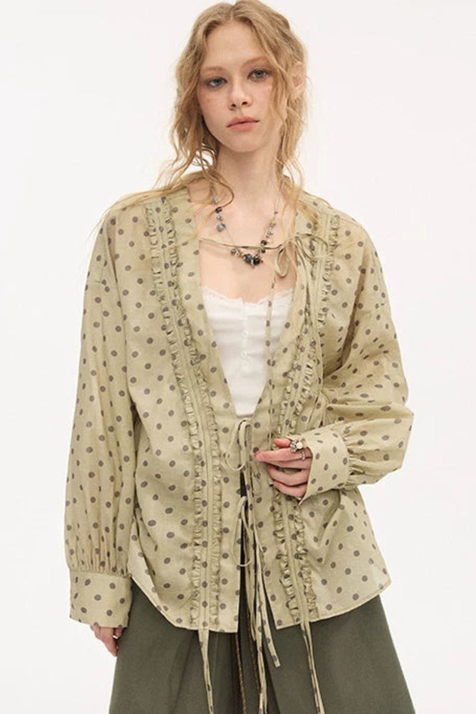 V-Neck Long Sleeve Polka Dot Blouse
