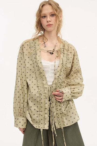 V-Neck Long Sleeve Polka Dot Blouse
