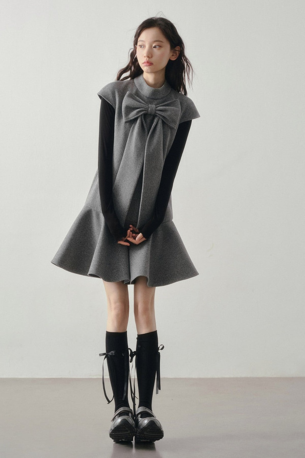 Woolen Bow Flutter Sleeve Dress