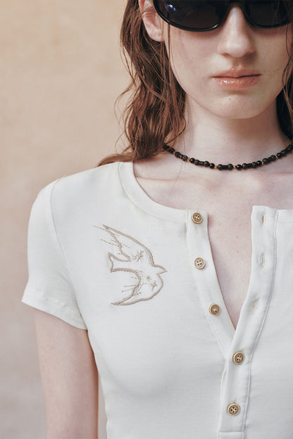 Embroidered Lyocell Henley Top