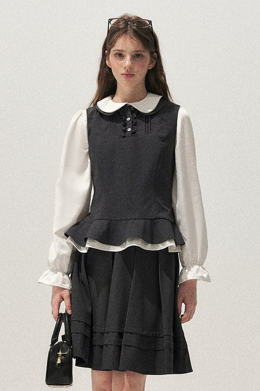 Retro Lace Hem Vest and Skirt Set-Up
