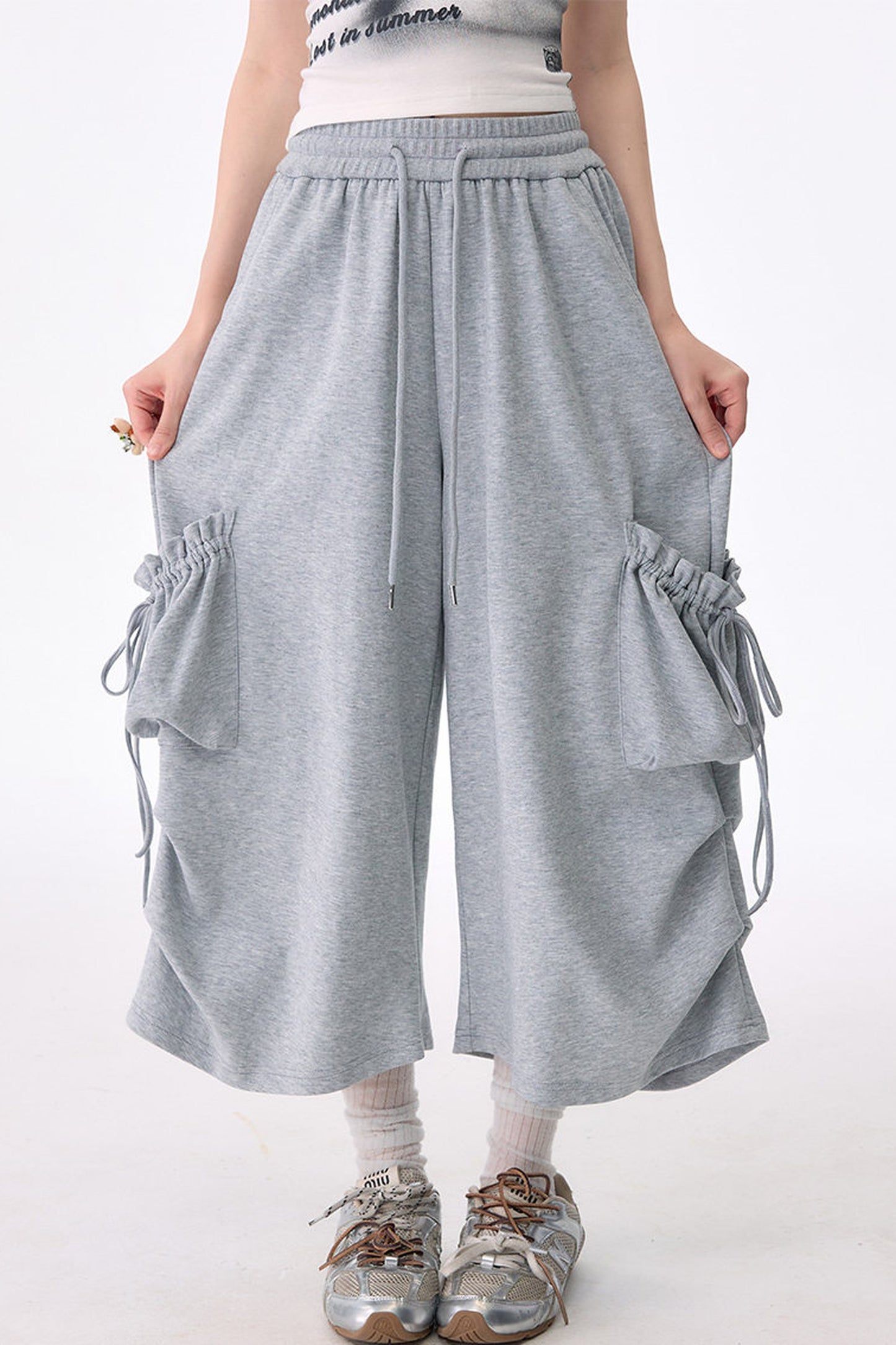 Gray Drawstring Pocket Wide Leg Sweatpants