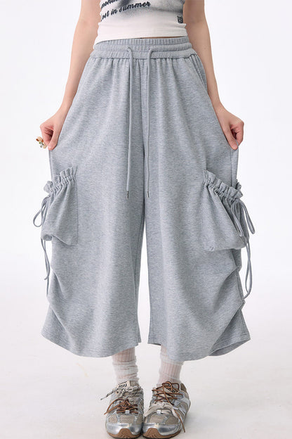 Gray Drawstring Pocket Wide Leg Sweatpants