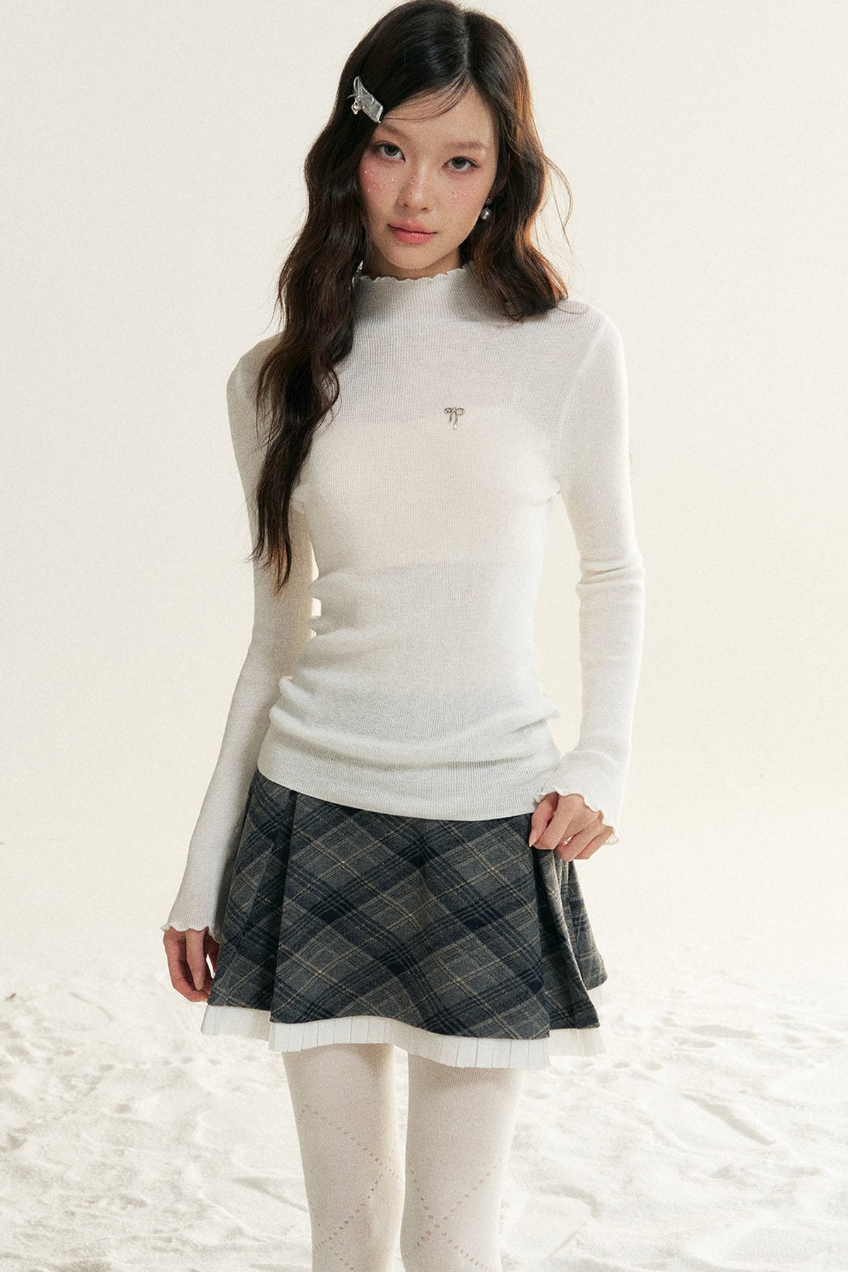 Ruffled Half-Turtleneck Long-Sleeve Base Layer Top