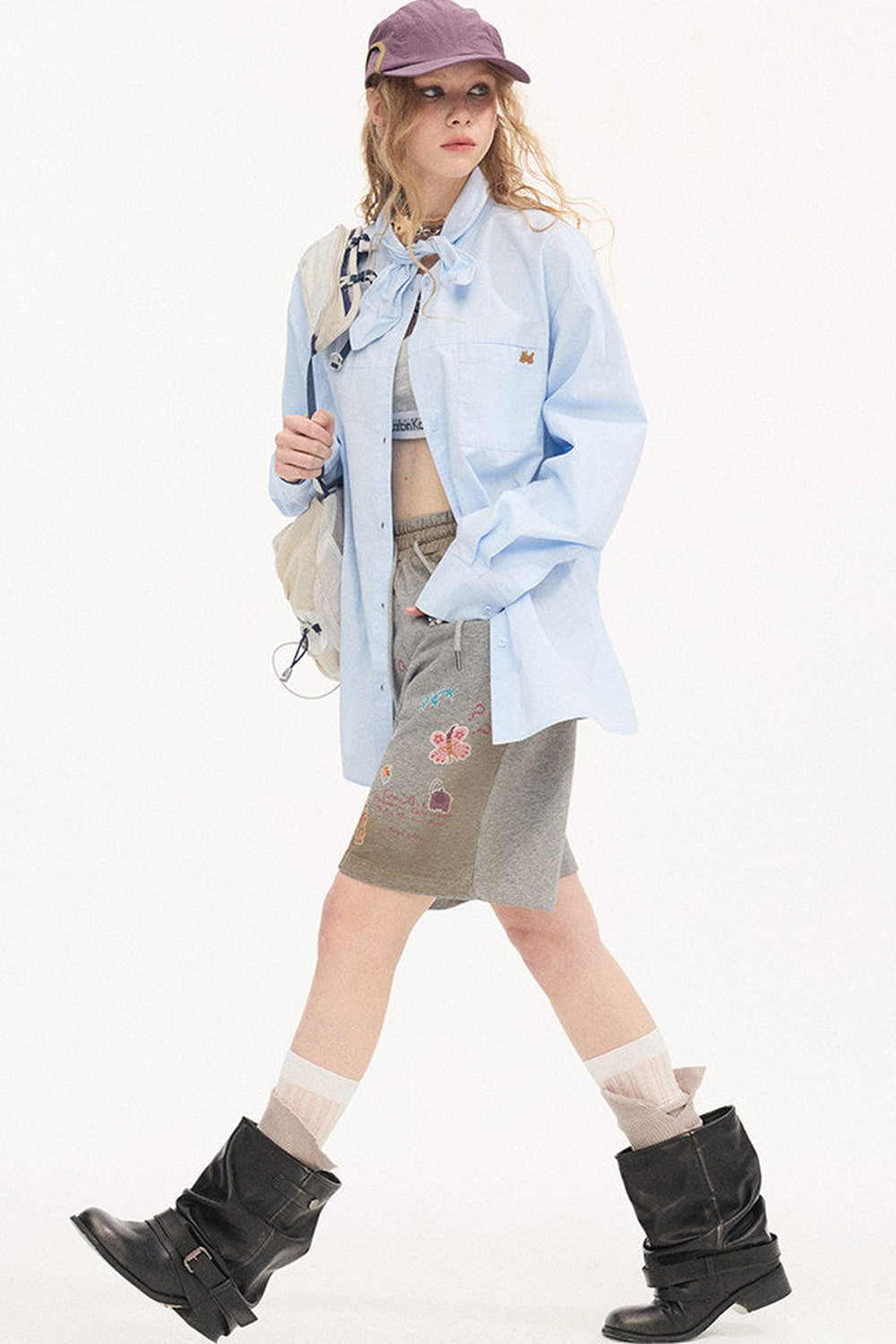 Camicia ricamata a maniche lunghe in stile preppy