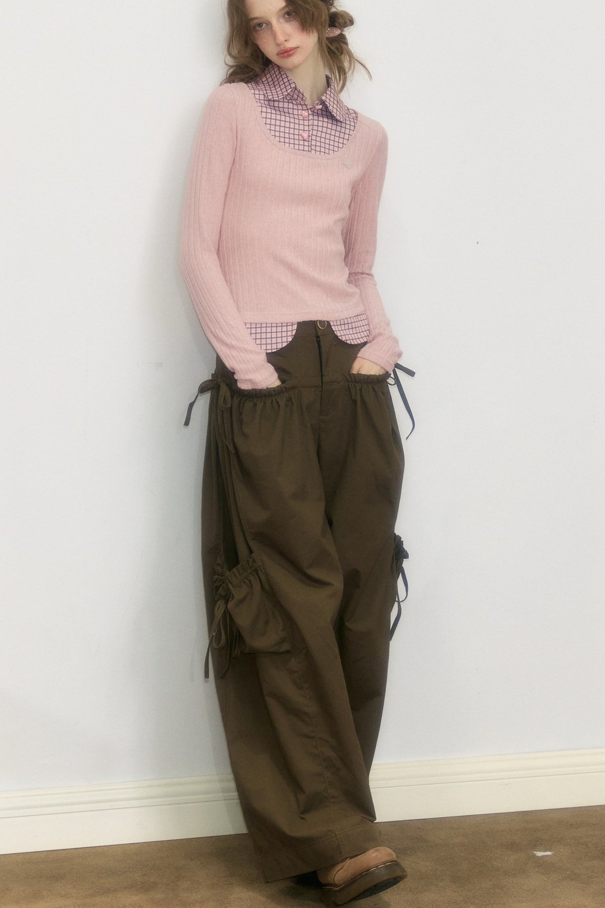 Layered-Look Plaid Collar Knit Top