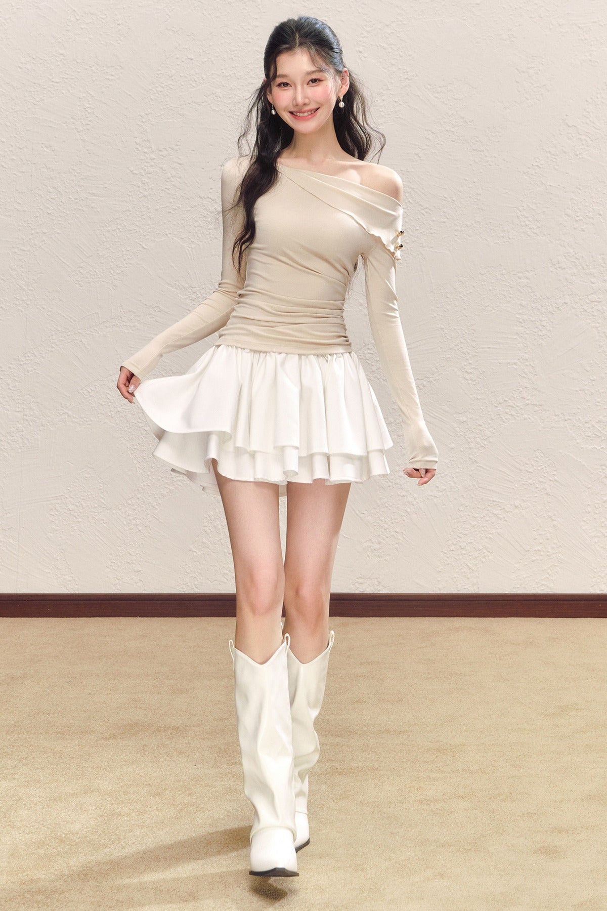 Asymmetrical Collar Long-Sleeved Knit Top and Skirt Set-Up