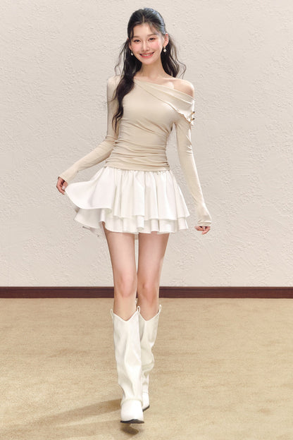 Asymmetrical Collar Long-Sleeved Knit Top and Skirt Set-Up