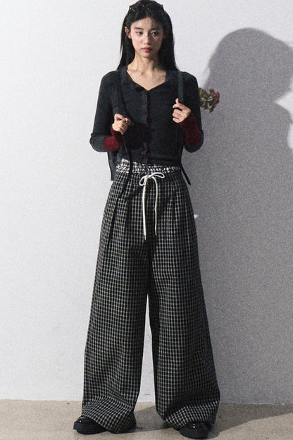 Drawstring Plaid Wide-Leg Pants