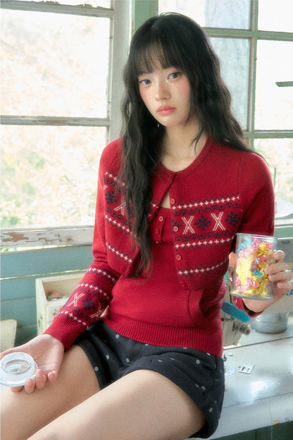 Fair Isle Red Knitted Cardigan And Halter Top Set