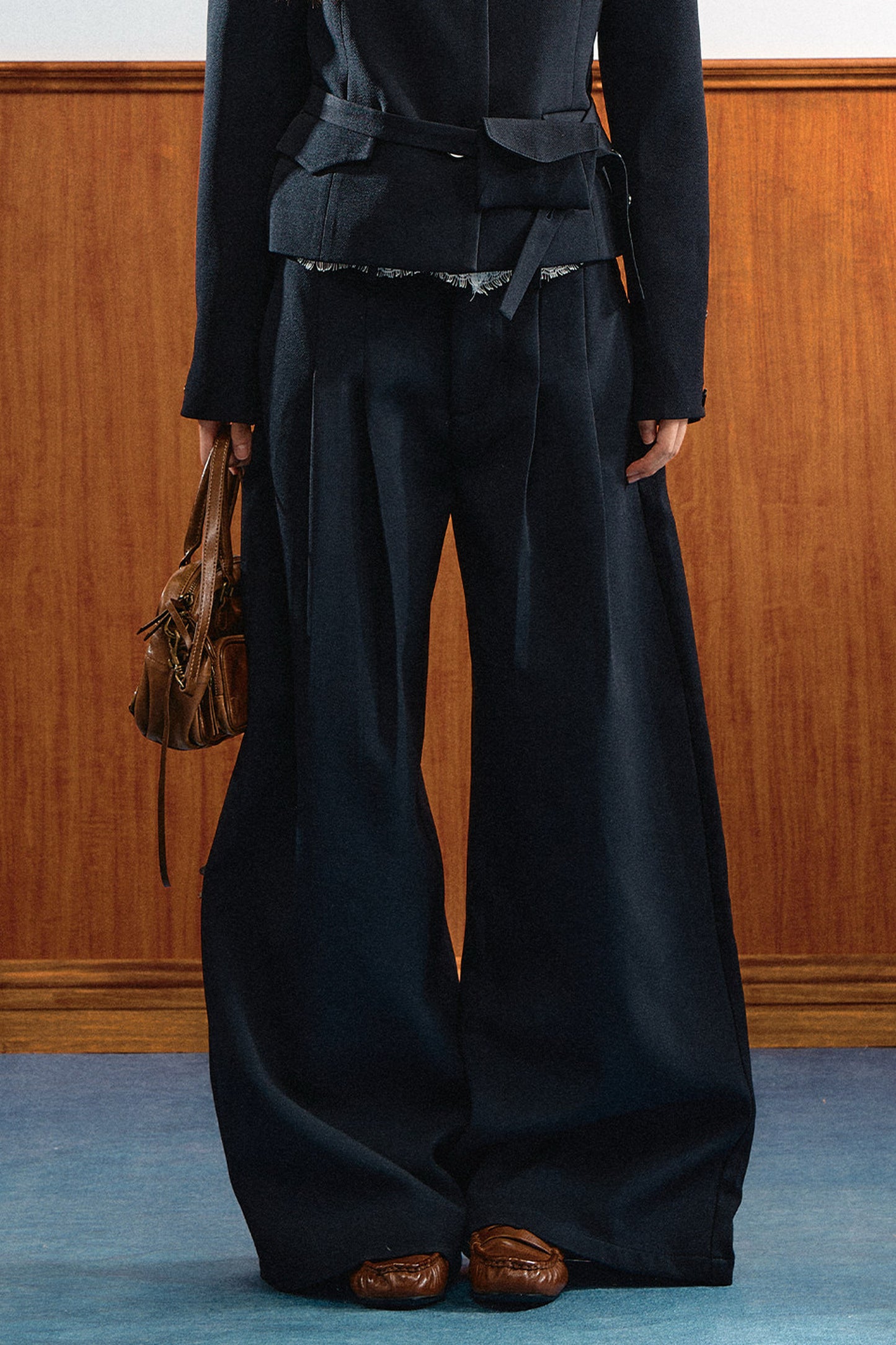 American Retro Lapel Top and Wide-Leg Pants Set-Up