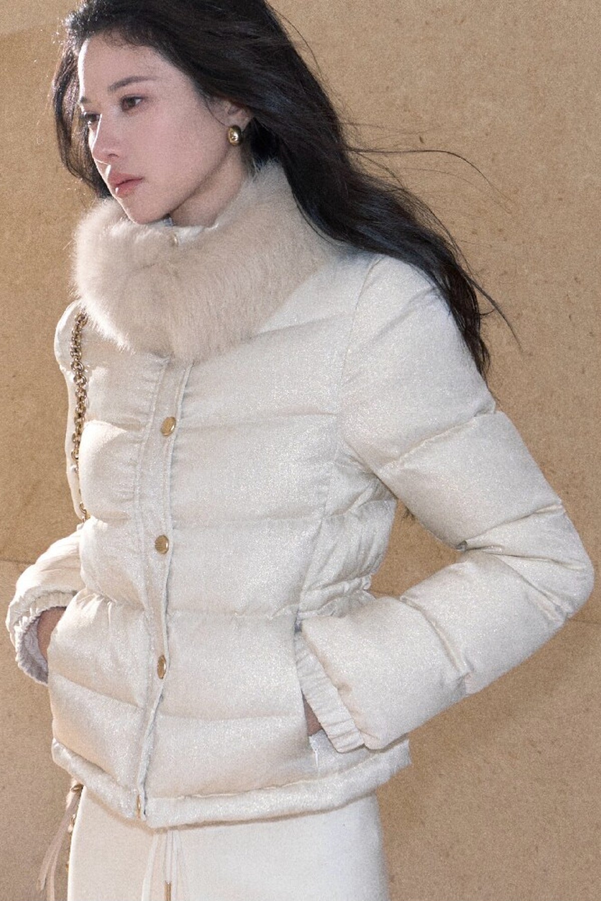 Detachable Fur Collar White Duck Down Jacket