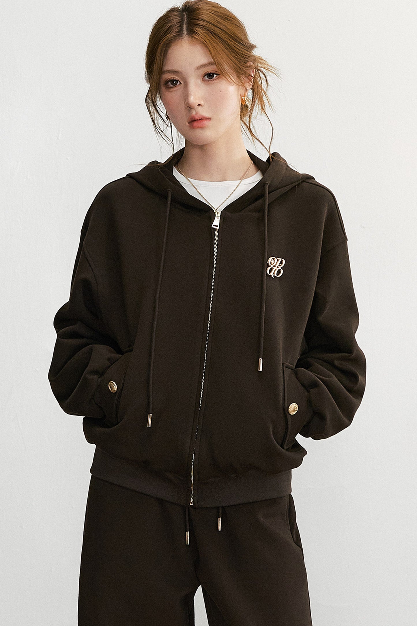 Embroidered Hooded Cardigan Sweatshirt and Wide-Leg Pants Set-Up