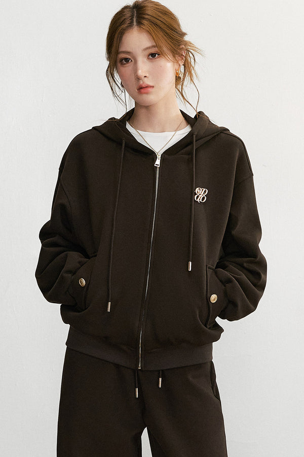 Embroidered Hooded Cardigan Sweatshirt and Wide-Leg Pants Set-Up
