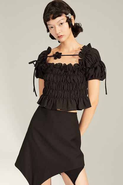 French-Style Black Ruffled Smocked Blouse