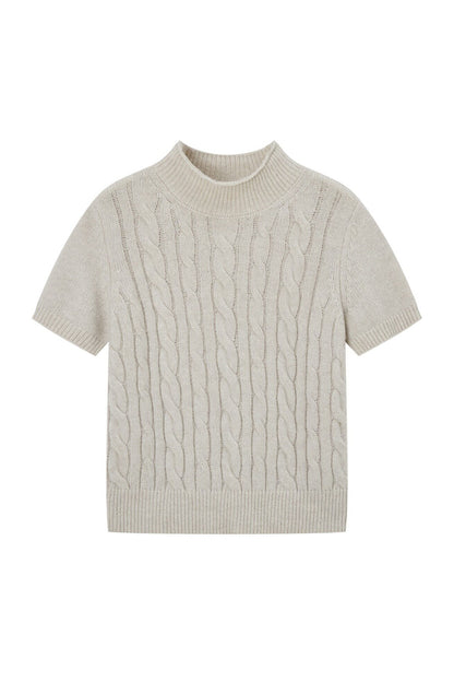 Cable Knit Stand Collar Short-Sleeved Sweater