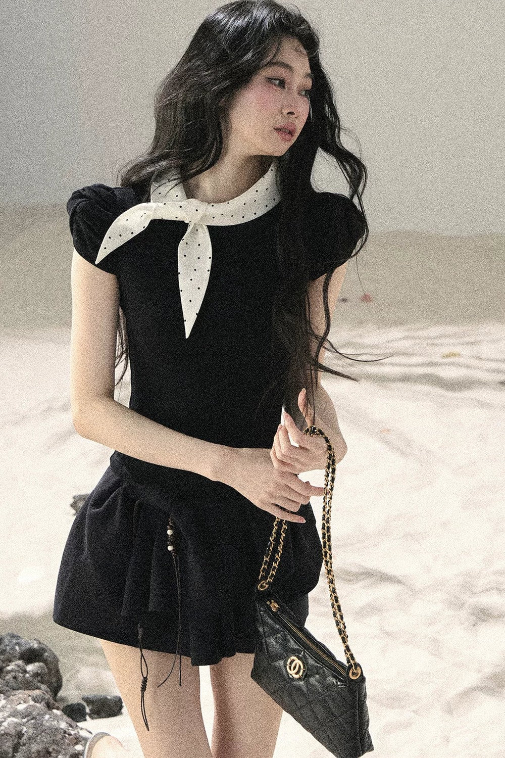 French Polka Dot Bow Puff Sleeve Top