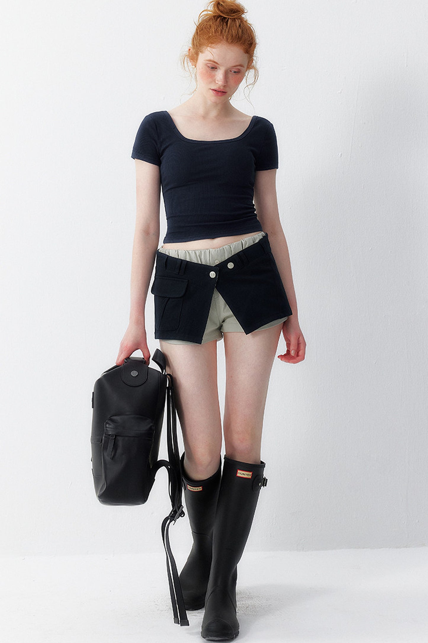 Faux Layered Denim Cargo Mini Skirt Pants