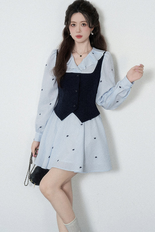 Blue Striped V-Neck A-Line Dress