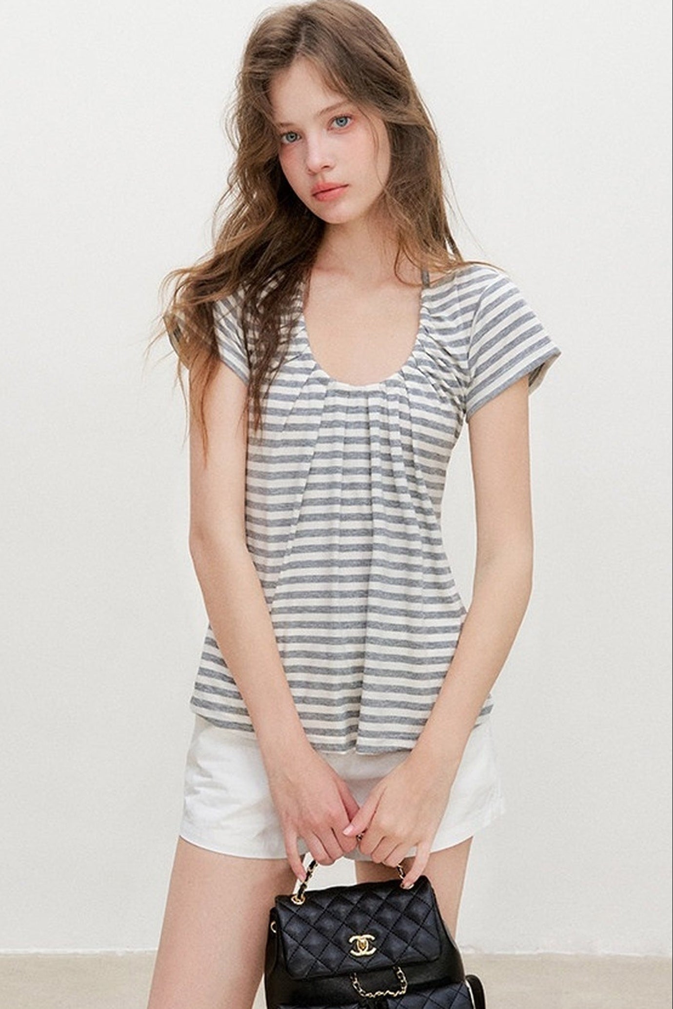 Striped Lyocell Pleated Top