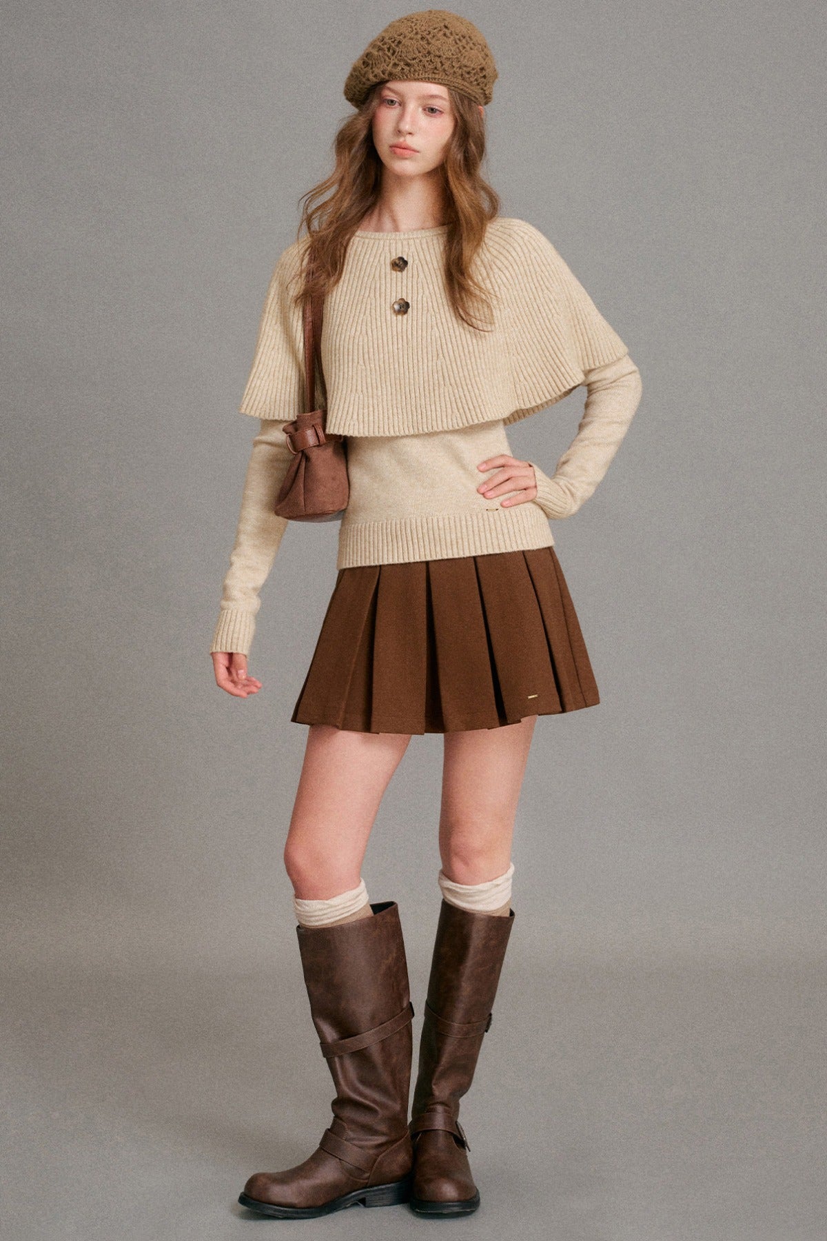 Floral Button Ribbed Cuff Cape Sweater Set
