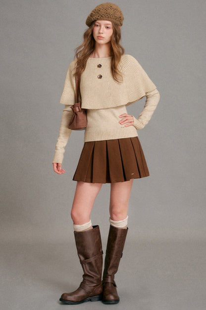 Floral Button Ribbed Cuff Cape Sweater Set