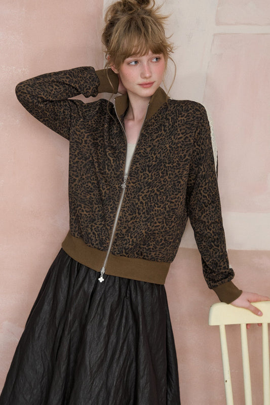 Leopard Print Zip Stand Collar Cardigan