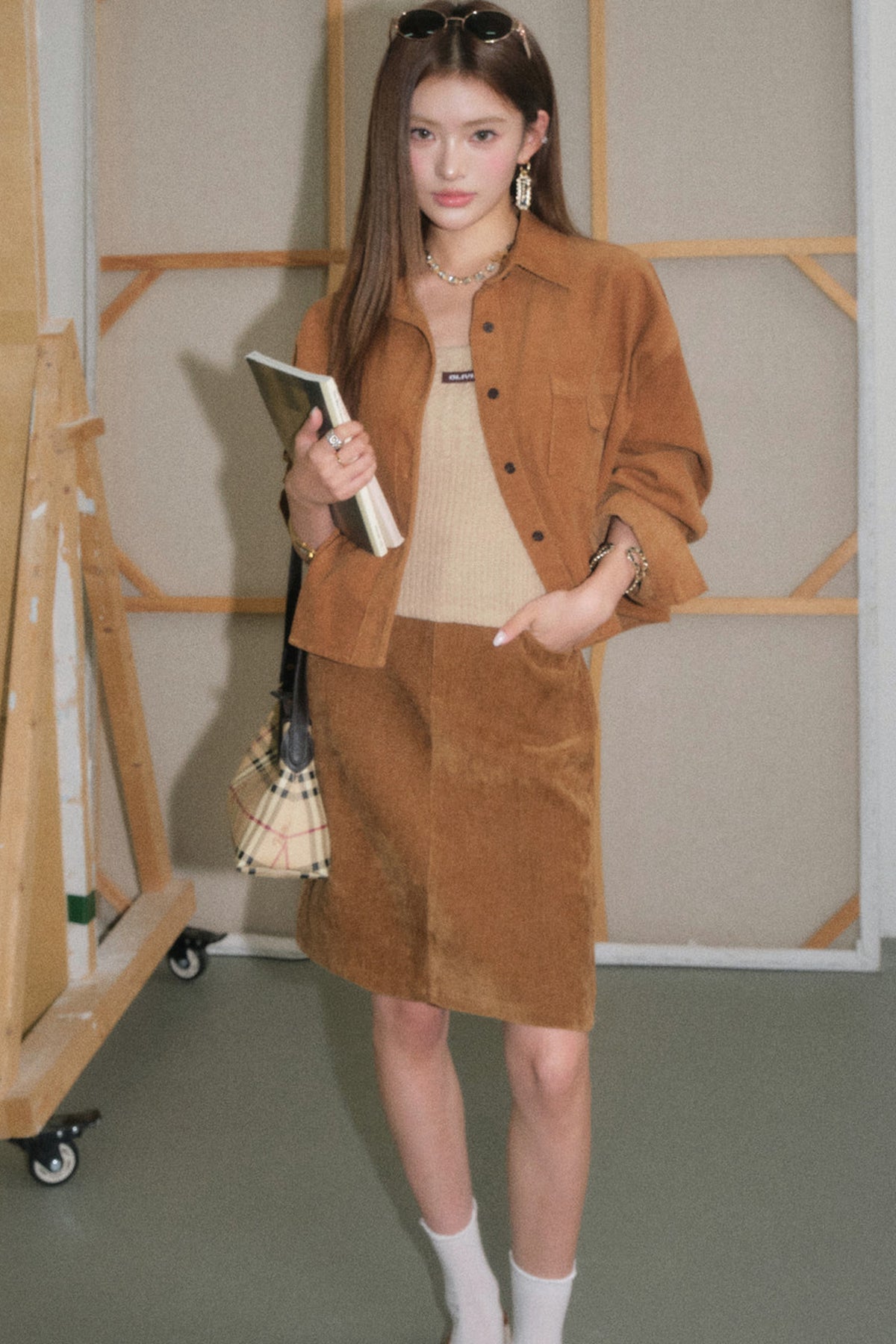 Brown Corduroy Jacket and Knit Vest Two-Piece Set-Up