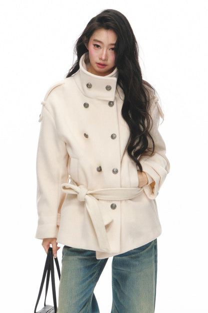 White Double-Breasted Stand-Collar Jacket and Pants Set-Up