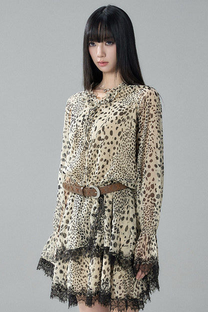 Long-Sleeve Chiffon Leopard Print Dress