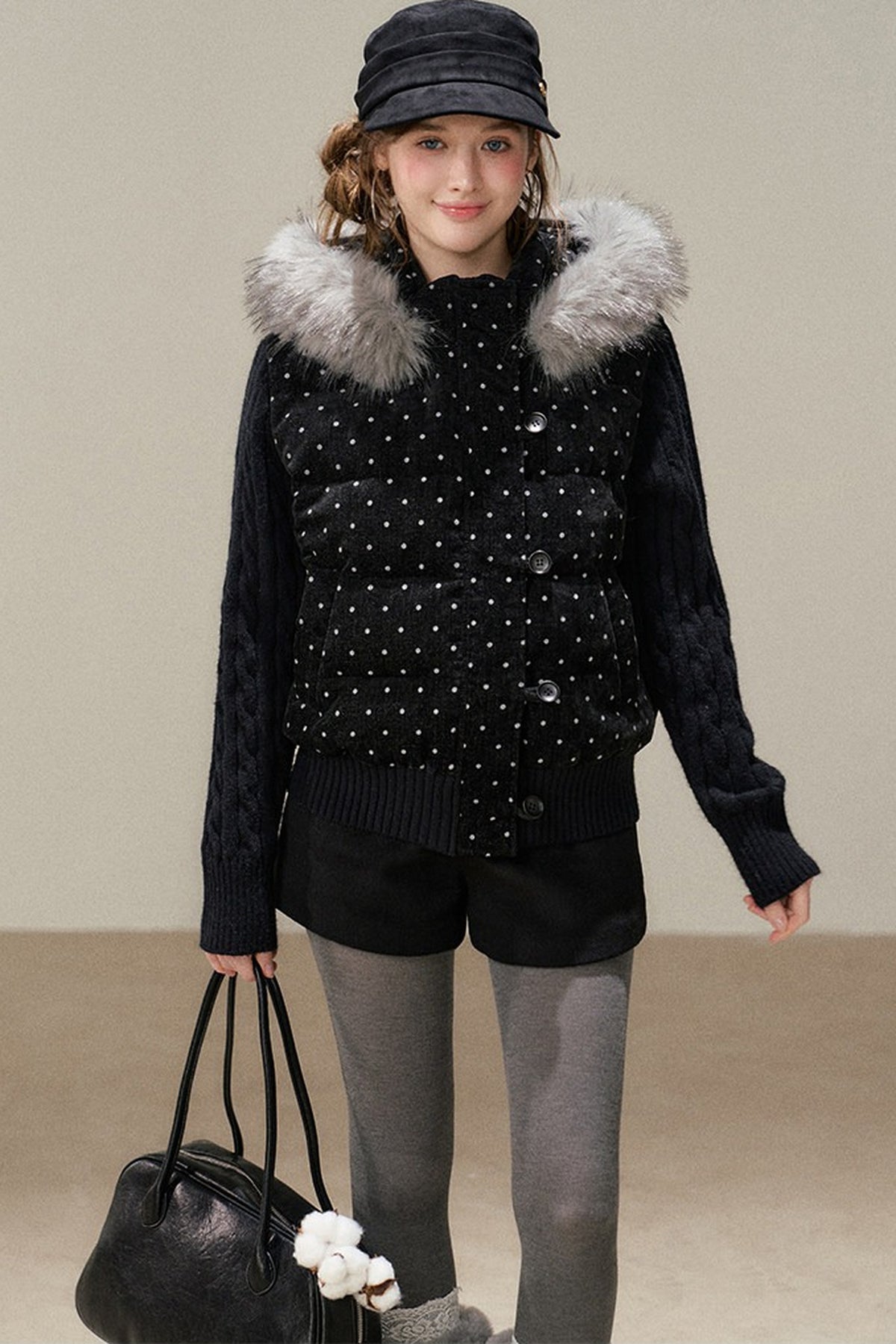 Black Chenille Polka Dot Hooded Down Jacket