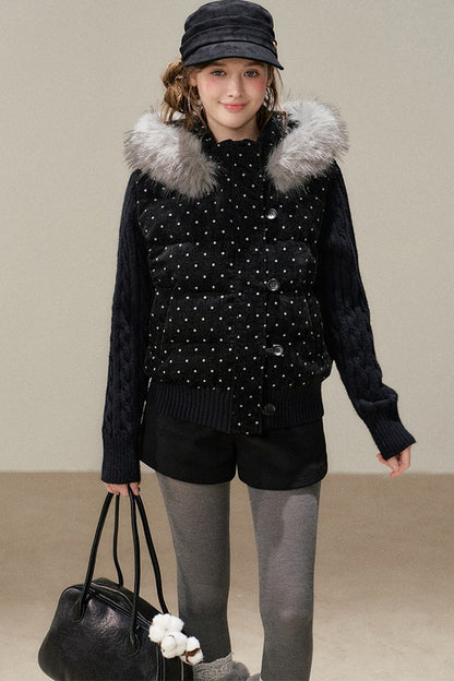 Black Chenille Polka Dot Hooded Down Jacket