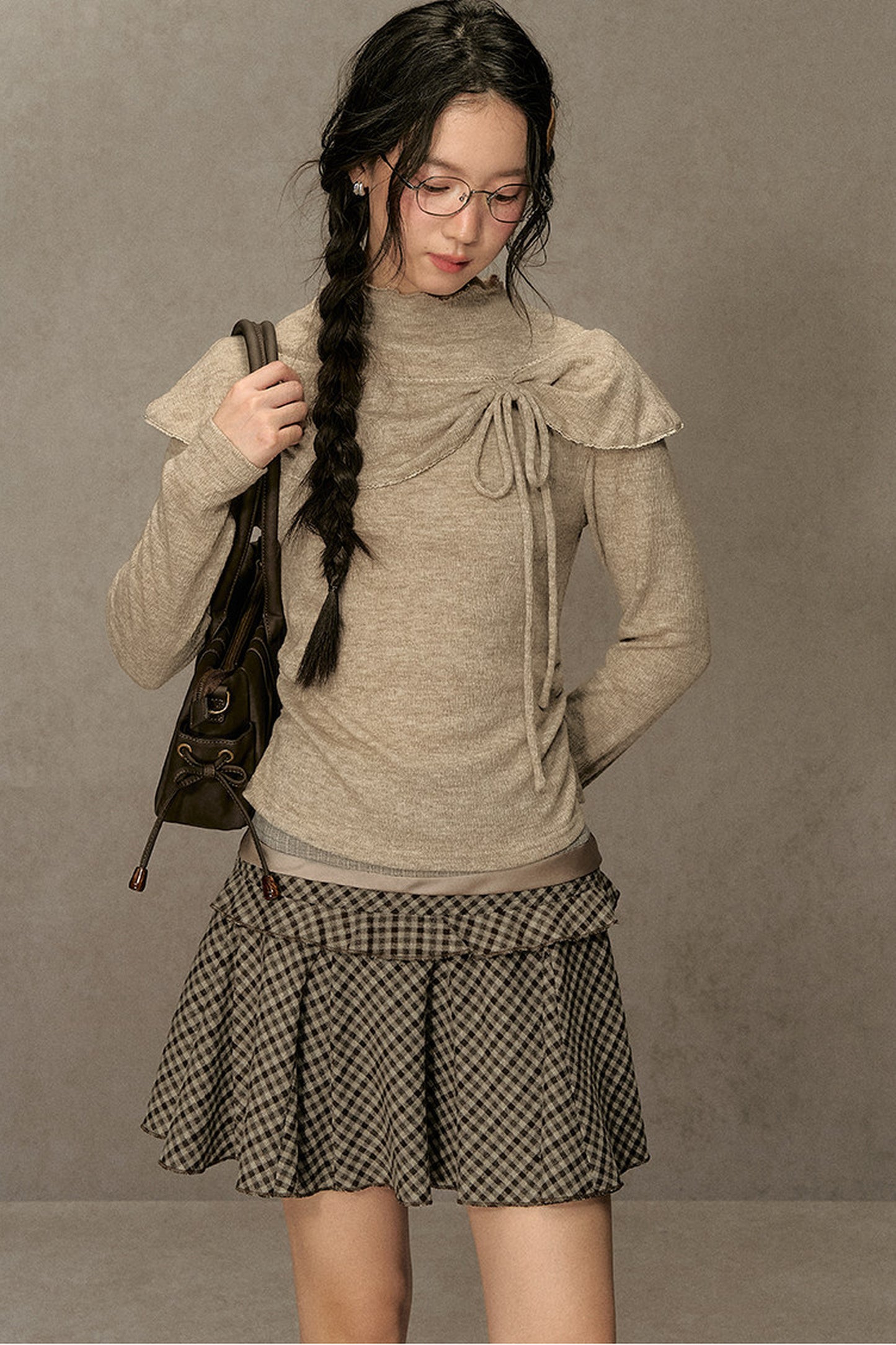 Bowknot Cape Collar Long Sleeve Top