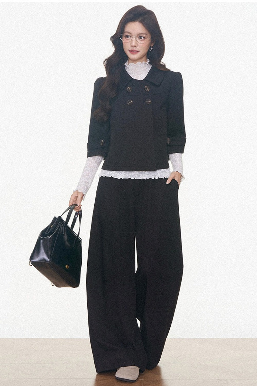 Double-Breasted Woolen Jacket With Midi Skirt and Pants Set-Up