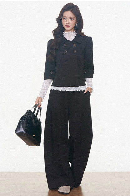 Double-Breasted Woolen Jacket With Midi Skirt and Pants Set-Up