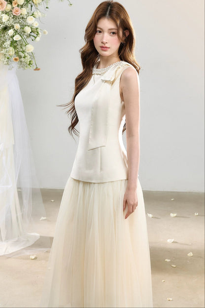 Sleeveless Waist-Cinching Tulle Skirt Dress
